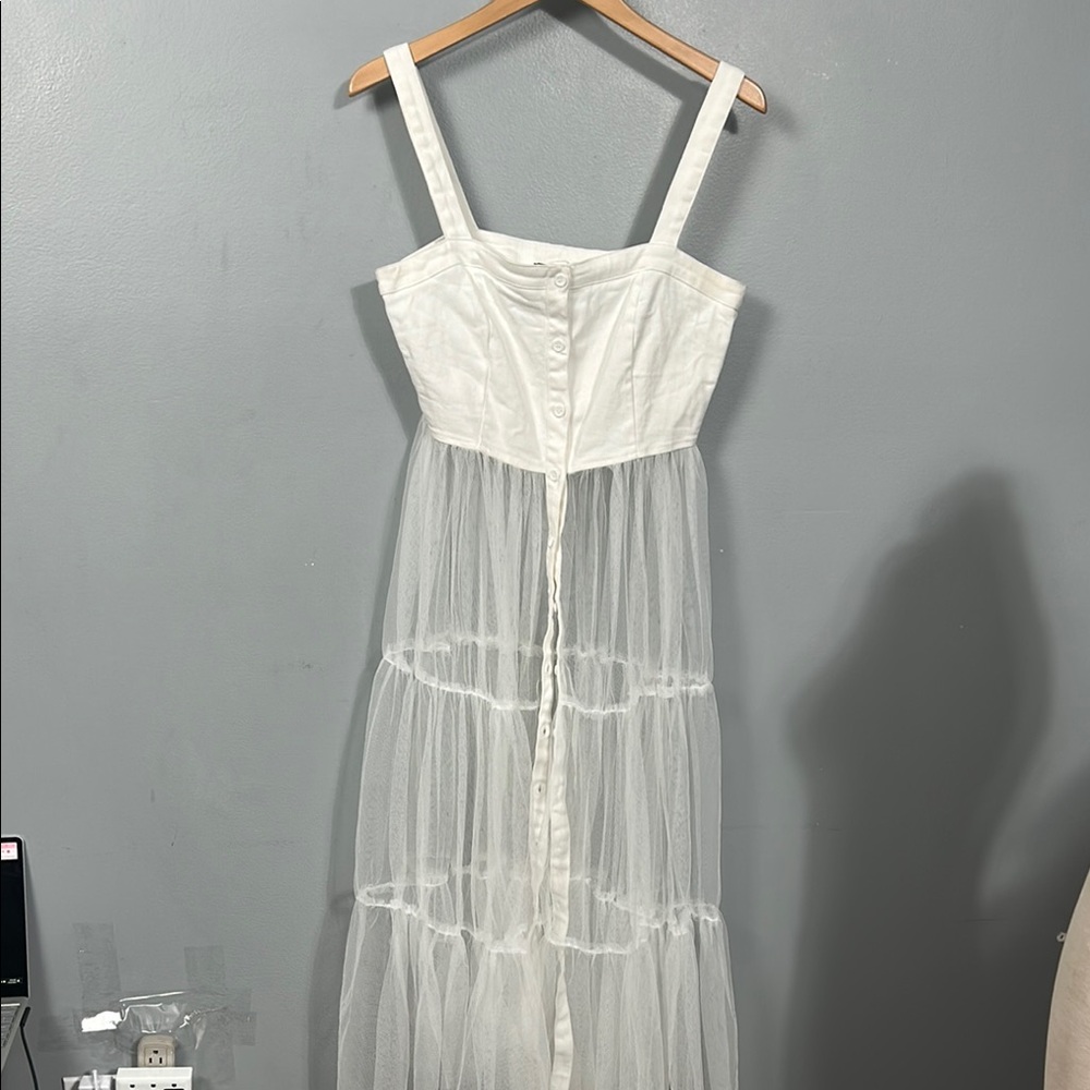 Summer High Grade Casual Suspender Dress white denim top with tulle skirt L